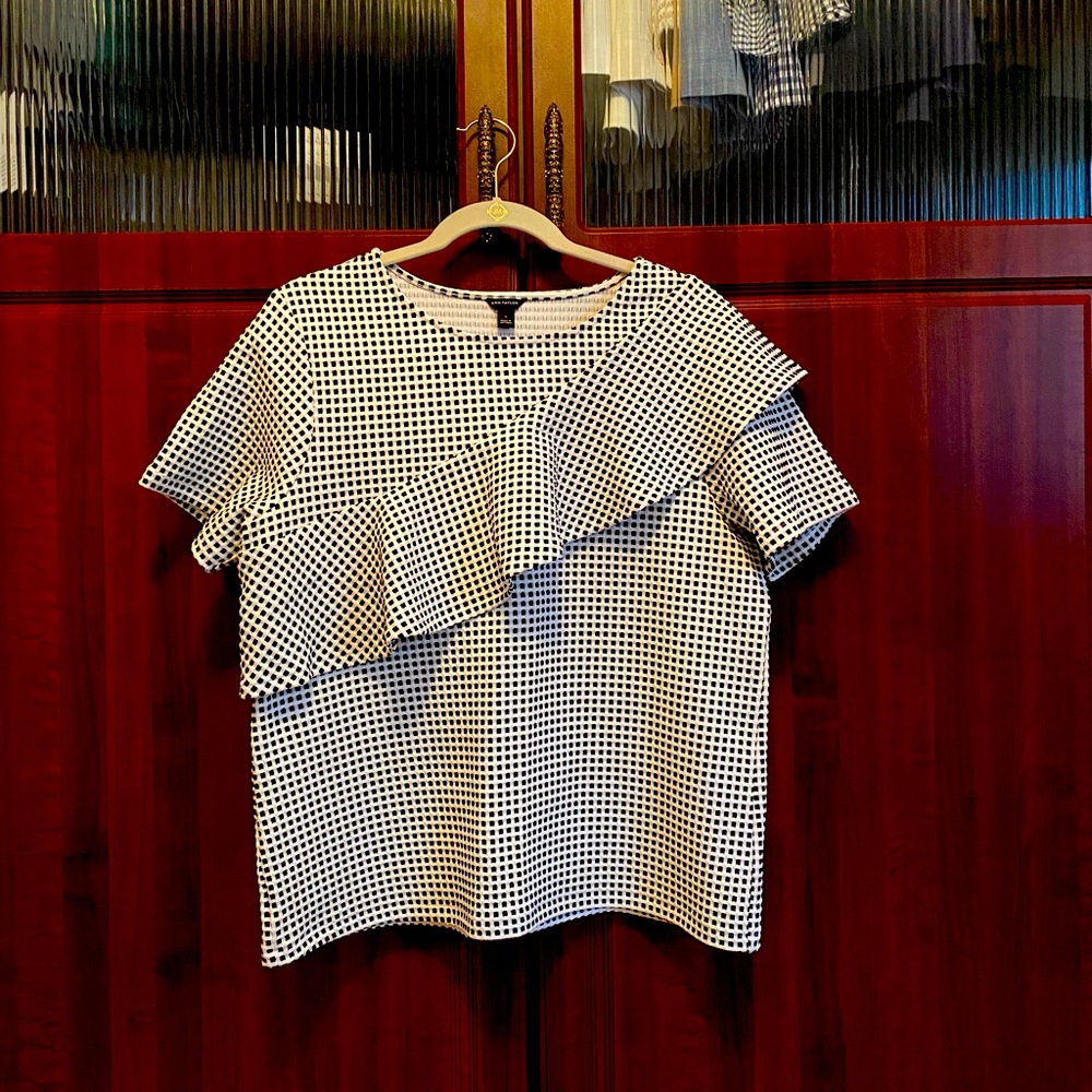 Ann Taylor Black and White Check Ruffle Top